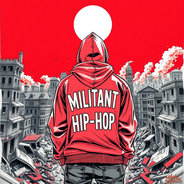 A compelling drawing of a man standing with his back turned against the backdrop of a ruined city, featuring collapsing structures and an atmosphere filled with desolation