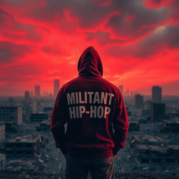 A lone man standing with his back to the viewer in the foreground of a desolate, destroyed cityscape