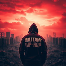 A lone man standing with his back to the viewer in the foreground of a desolate, destroyed cityscape