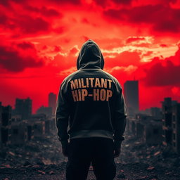 A lone man standing with his back to the viewer in the foreground of a desolate, destroyed cityscape