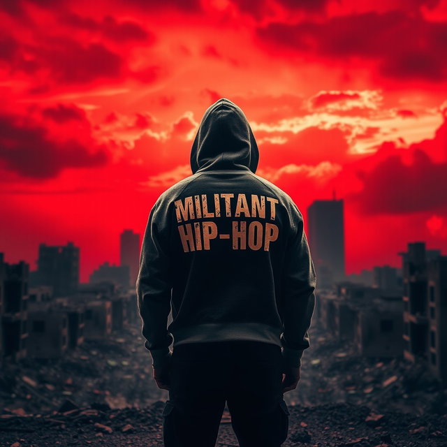 A lone man standing with his back to the viewer in the foreground of a desolate, destroyed cityscape