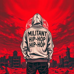 A striking drawing of a man standing with his back to the viewer against a backdrop of a desolate, ruined city