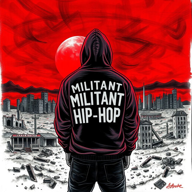 A striking drawing of a man standing with his back to the viewer against a backdrop of a desolate, ruined city