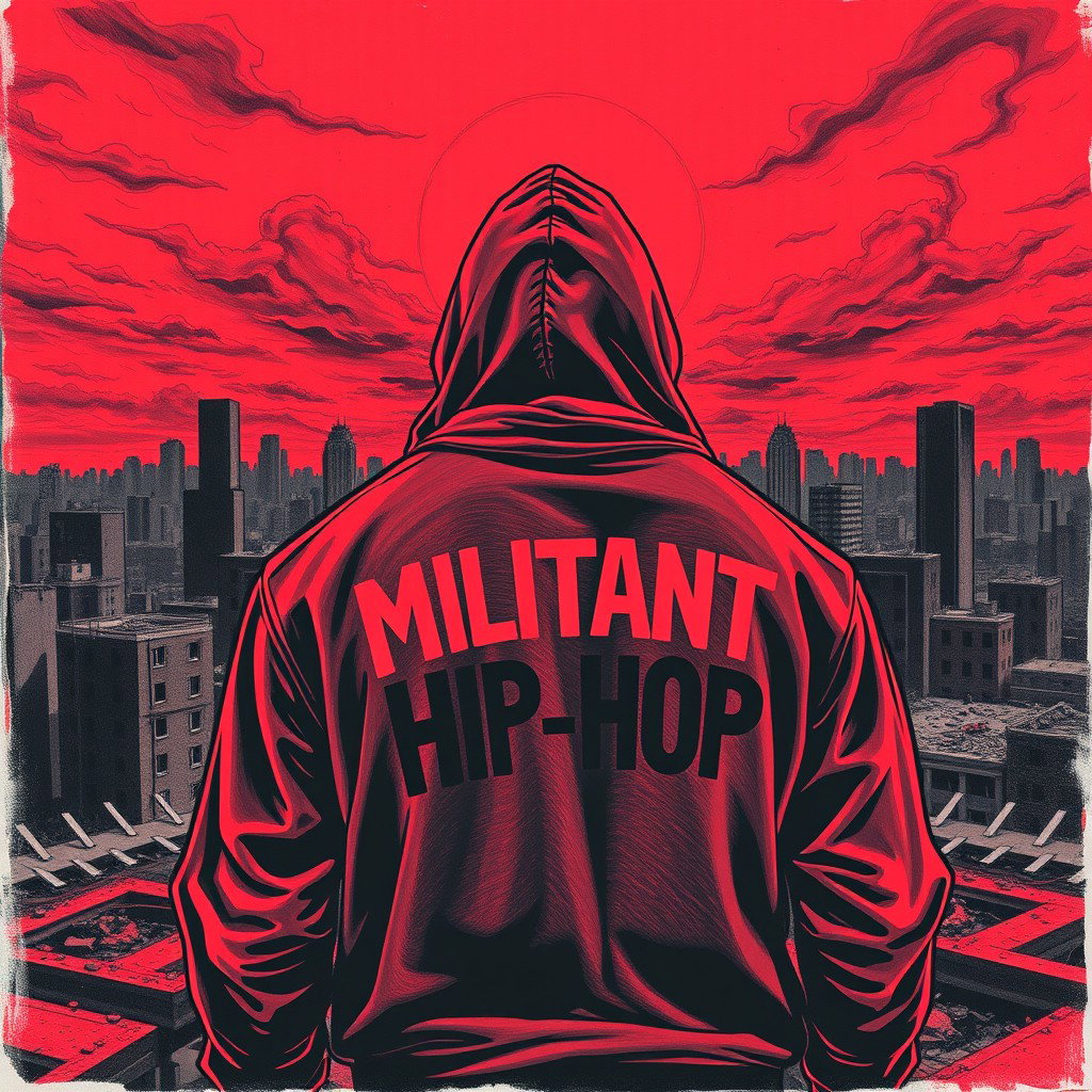 A powerful drawing of a man with his back to the viewer, set against the backdrop of a devastated cityscape