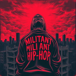 A powerful drawing of a man with his back to the viewer, set against the backdrop of a devastated cityscape