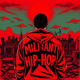 A powerful drawing of a man with his back to the viewer, set against the backdrop of a devastated cityscape