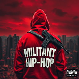 A man stands with his back to a ruined city, wearing a hooded sweatshirt that reads "MILITANT HIP-HOP"