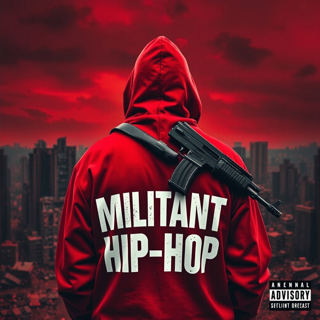 A man stands with his back to a ruined city, wearing a hooded sweatshirt that reads "MILITANT HIP-HOP"