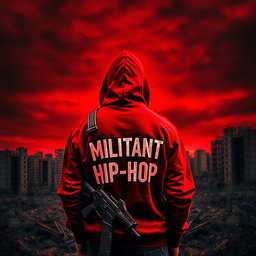 A man stands with his back to a ruined city, wearing a hooded sweatshirt that reads "MILITANT HIP-HOP"