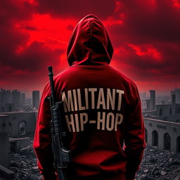 A man stands with his back to a ruined city, wearing a hooded sweatshirt that reads "MILITANT HIP-HOP"