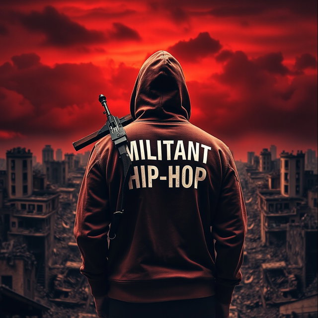 A man stands with his back to a ruined city, wearing a hooded sweatshirt that reads "MILITANT HIP-HOP"
