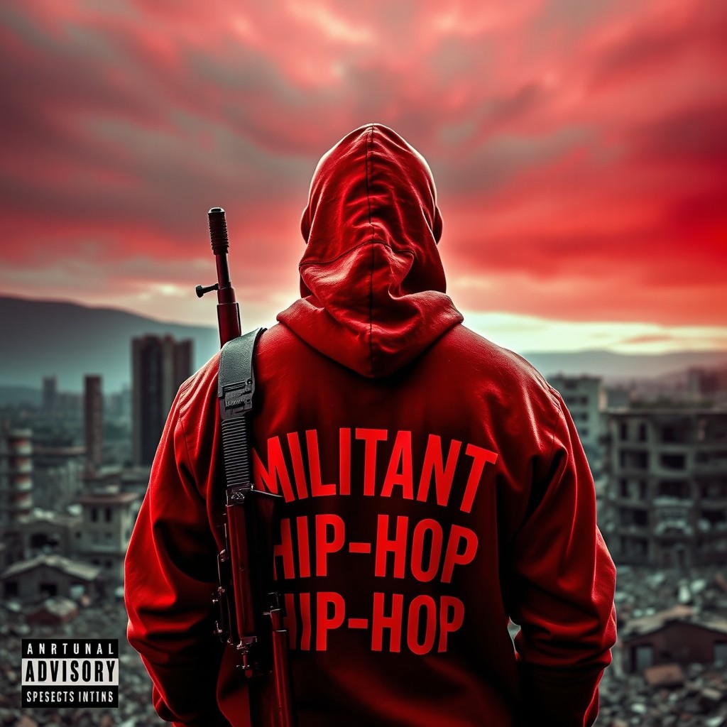 A man stands with his back turned to a ruined city, dressed in a hooded sweatshirt that prominently displays the words "MILITANT HIP-HOP"