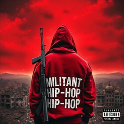 A man stands with his back turned to a ruined city, dressed in a hooded sweatshirt that prominently displays the words "MILITANT HIP-HOP"