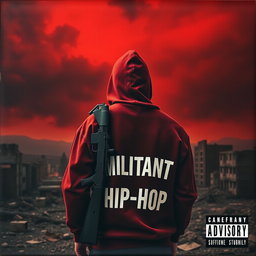 A man stands with his back turned to a ruined city, dressed in a hooded sweatshirt that prominently displays the words "MILITANT HIP-HOP"