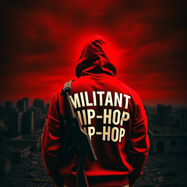 A man stands with his back turned to a ruined city, dressed in a hooded sweatshirt that prominently displays the words "MILITANT HIP-HOP"