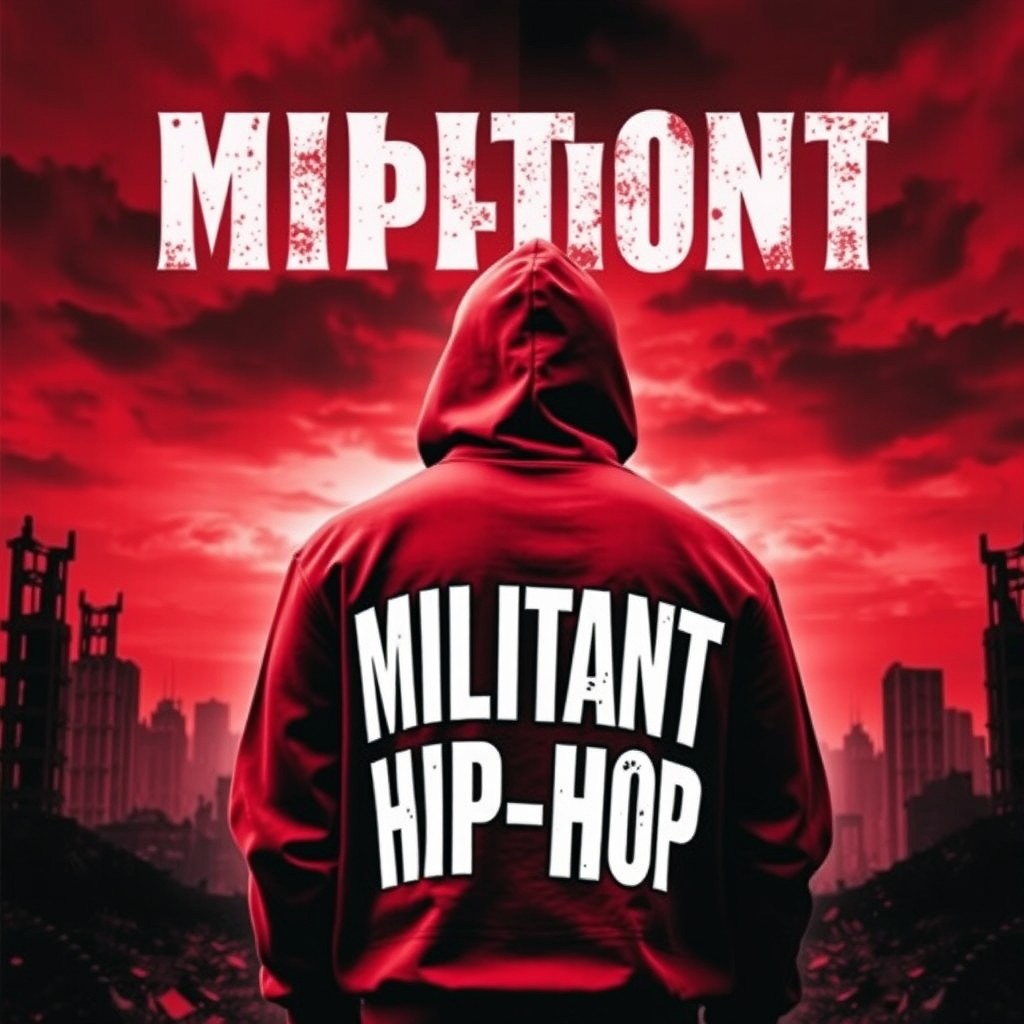 A man stands with his back turned to a desolate, ruined city, clad in a hooded sweatshirt featuring the bold words "MILITANT HIP-HOP"