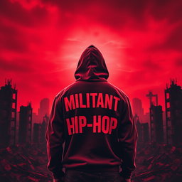A man stands with his back turned to a desolate, ruined city, clad in a hooded sweatshirt featuring the bold words "MILITANT HIP-HOP"