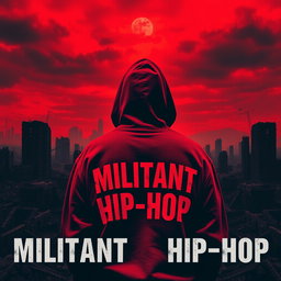 A man stands with his back turned to a desolate, ruined city, clad in a hooded sweatshirt featuring the bold words "MILITANT HIP-HOP"