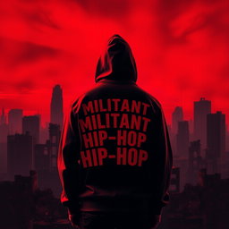 A man stands with his back turned to a desolate, ruined city, clad in a hooded sweatshirt featuring the bold words "MILITANT HIP-HOP"