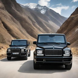 From an outside view, reveal a teenage boy above 16 and a beautiful girl inside a black Rolls-Royce adorned with the word 'Hazara' on the front, stationed on a mountainous road. Three black Benz G-class cars tail them.