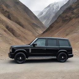 From an outside view, reveal a teenage boy above 16 and a beautiful girl inside a black Rolls-Royce adorned with the word 'Hazara' on the front, stationed on a mountainous road. Three black Benz G-class cars tail them.