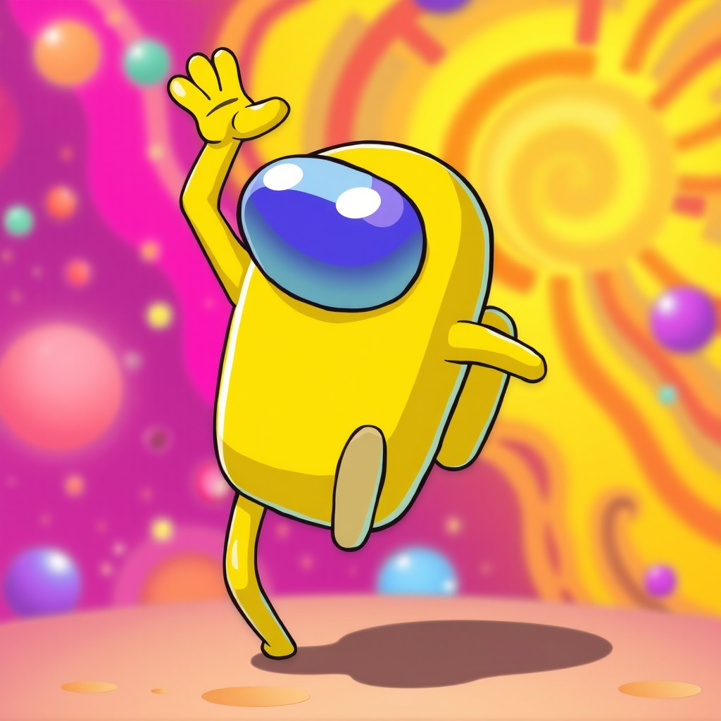 A playful depiction of a yellow character from the popular game 'Among Us', striking a humorous twerking pose