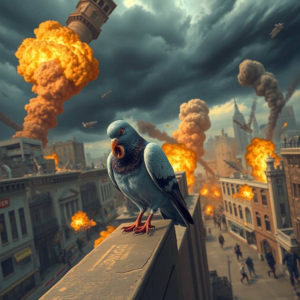 A humorous scene depicting a pigeon casually perched on a ledge, taking a poop, while chaos unfolds in the background