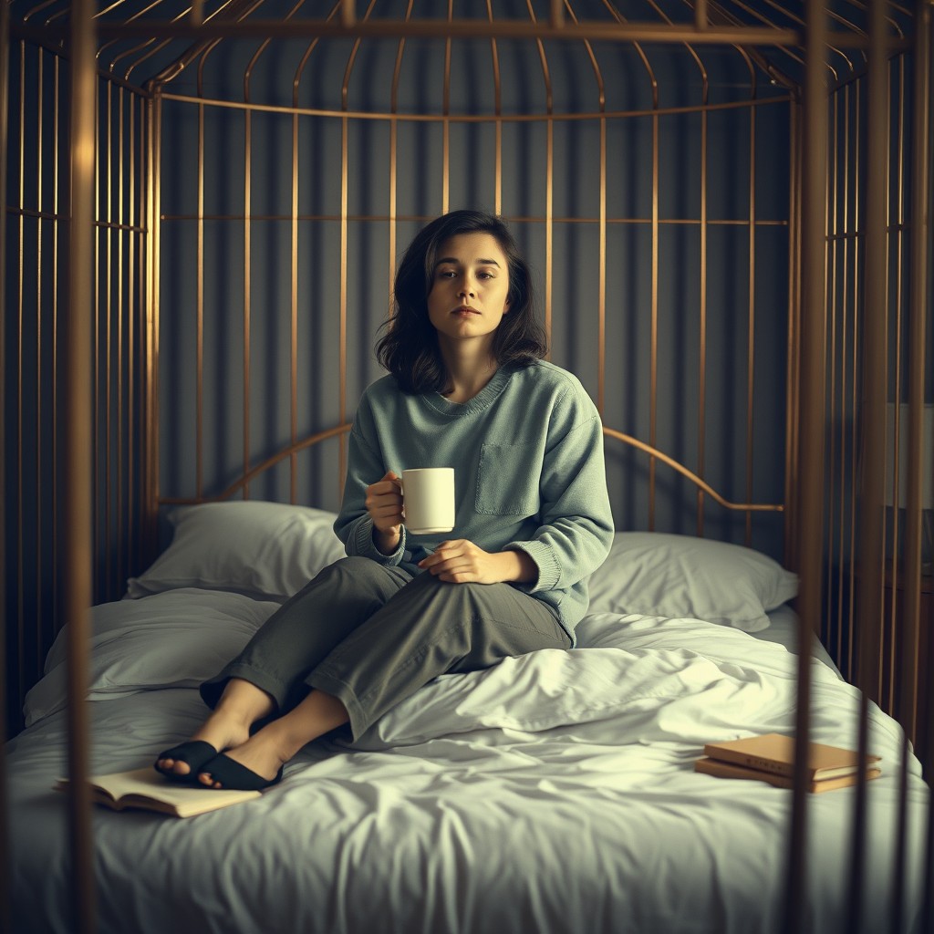 A person sitting on the edge of a luxurious bed inside a gilded cage, wearing comfortable casual clothing