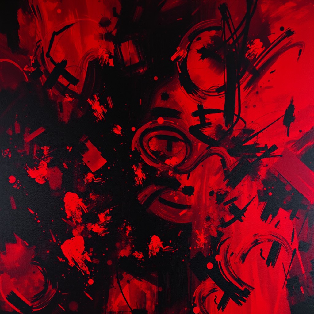 A dark and blurry abstract painting dominated by deep red and black tones, showcasing an aggressive brushstroke style that conveys intense emotions and dynamic movement