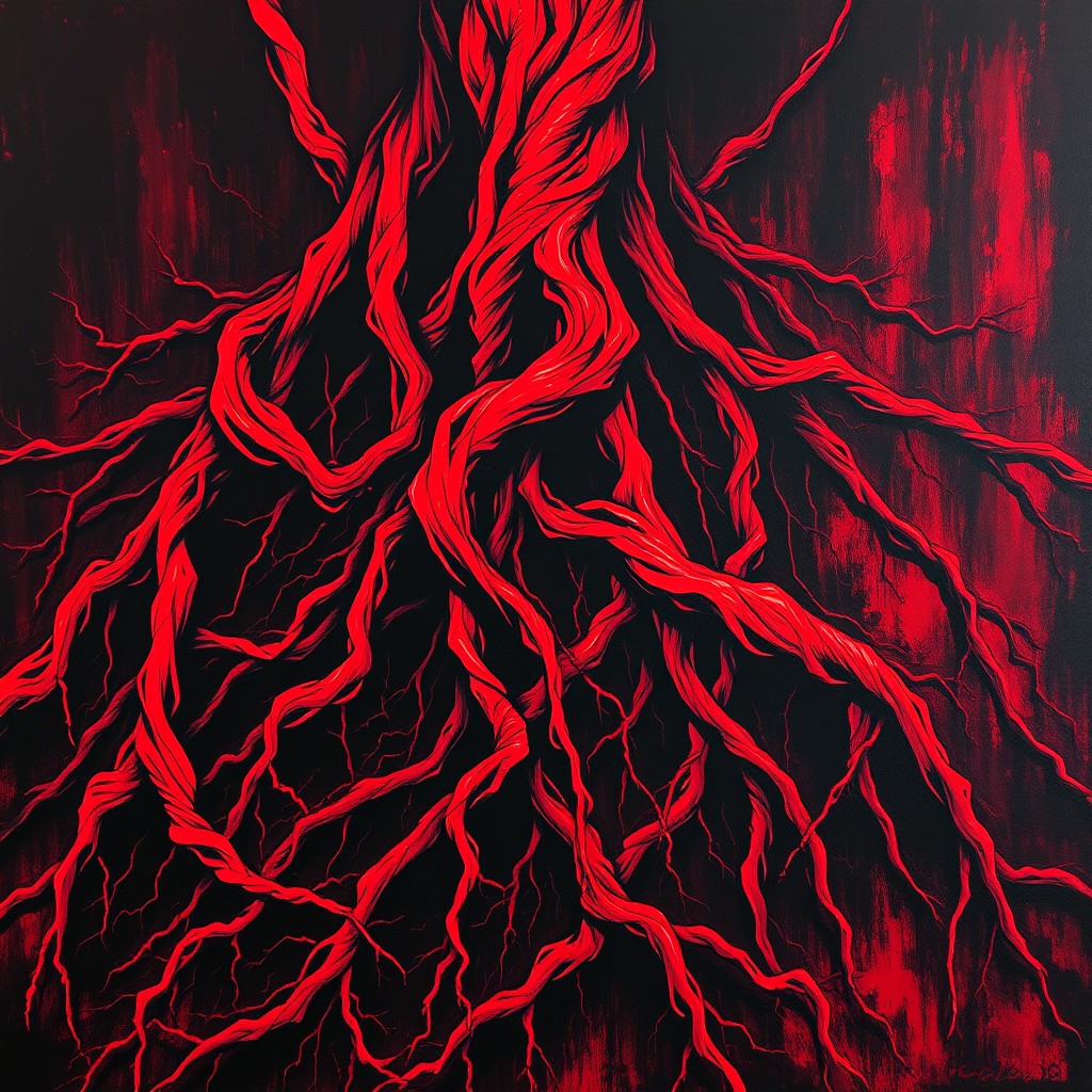 A dark and striking depiction of roots twisted and tangled in the ground, rendered in bold red and black colors