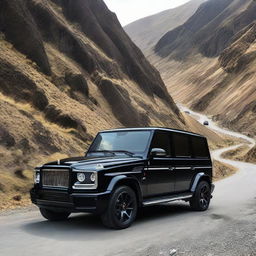 From an outside view, reveal a teenage boy above 16 and a beautiful girl inside a black Rolls-Royce adorned with the word 'Hazara' on the front, stationed on a mountainous road. Three black Benz G-class cars tail them.