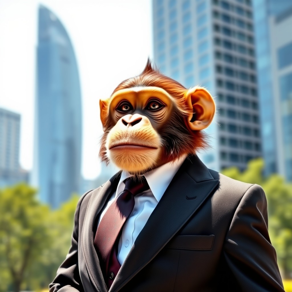 A sophisticated monkey wearing a tailored suit, complete with a crisp white shirt and a stylish tie, standing confidently in an urban setting