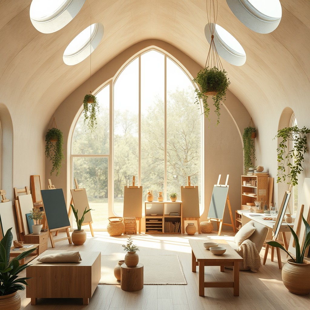 Interior design of a creative art workshop featuring an organic modern style characterized by fluid architectural lines