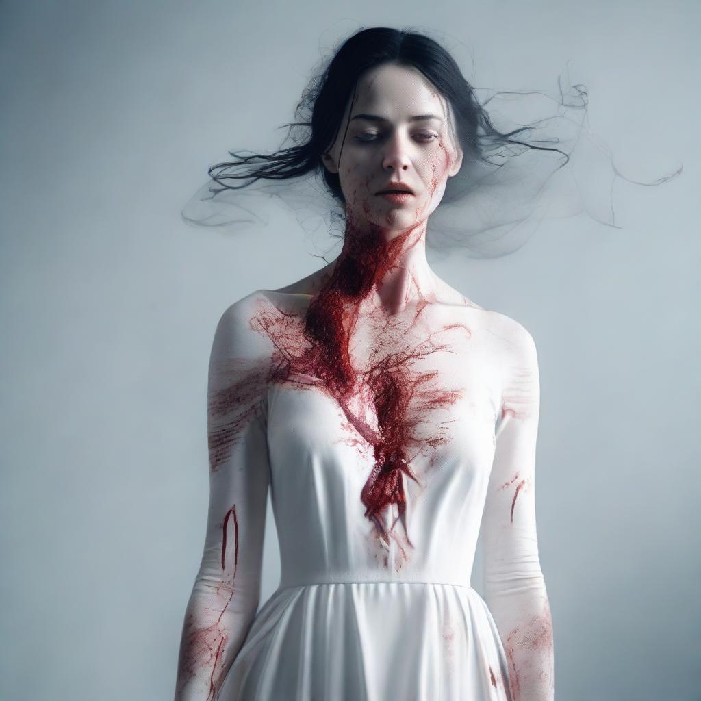 A 3D, realistic image of a terrifying woman in a flowing white dress. Her visage is unsettling, seeming as though she's been in an accident with traces of blood across her face.