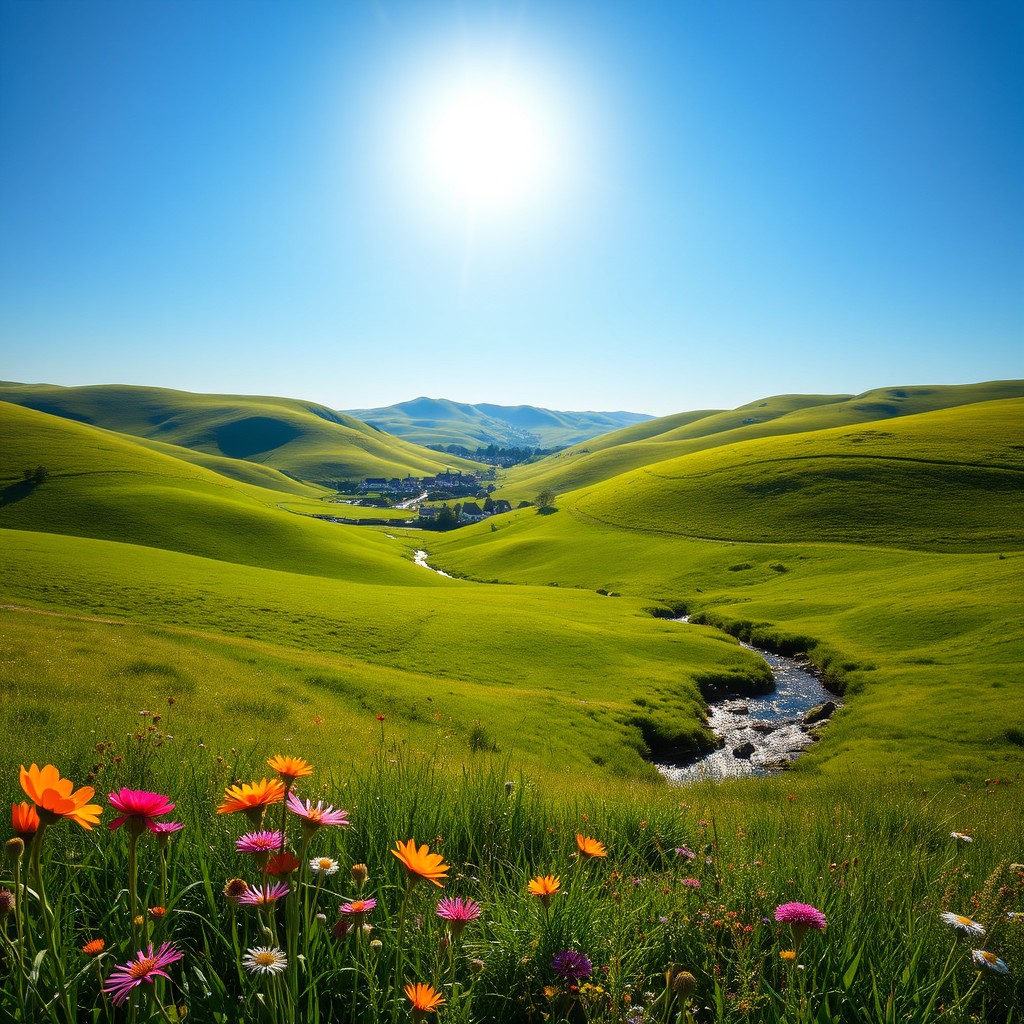 A peaceful serene landscape depicting vast rolling green hills under a bright blue sky