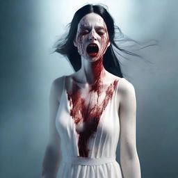 A 3D, realistic image of a terrifying woman in a flowing white dress. Her visage is unsettling, seeming as though she's been in an accident with traces of blood across her face.