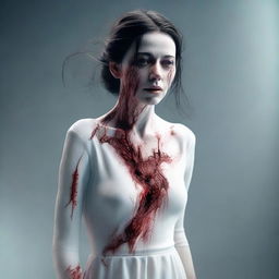 A 3D, realistic image of a terrifying woman in a flowing white dress. Her visage is unsettling, seeming as though she's been in an accident with traces of blood across her face.