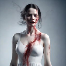 A 3D, realistic image of a terrifying woman in a flowing white dress. Her visage is unsettling, seeming as though she's been in an accident with traces of blood across her face.