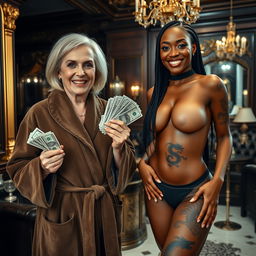 In a lavish Russian mafia salon, a short 60-year-old white woman with a slightly malnourished appearance has medium-length blonde hair stylishly parted and striking blue eyes