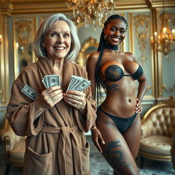 In a lavish Russian mafia salon, a short 60-year-old white woman with a slightly malnourished appearance has medium-length blonde hair stylishly parted and striking blue eyes