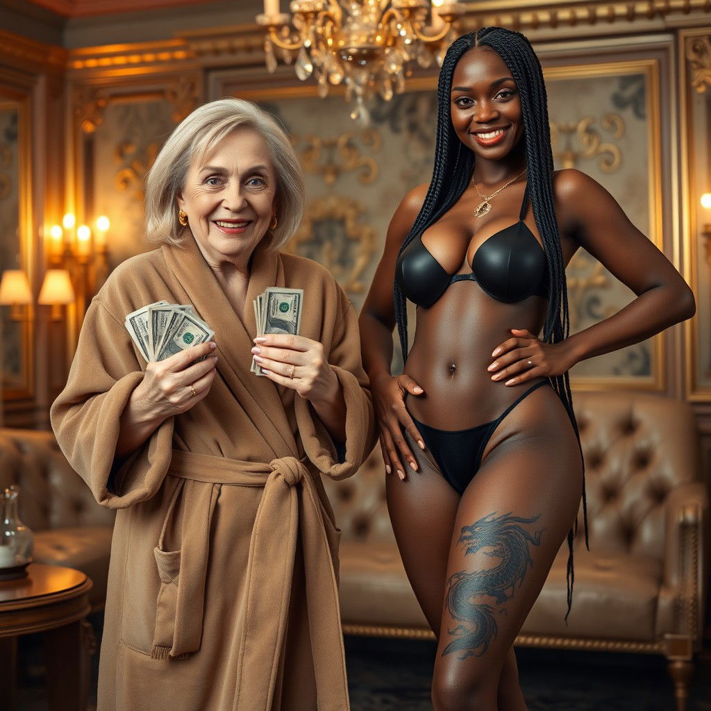 In an extravagant Russian mafia salon, a 60-year-old short white woman, slightly malnourished, shows bright blue eyes and has medium-length blonde hair styled neatly