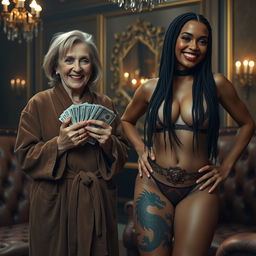 Inside a luxurious Russian mafia salon, a captivating scene features a short, 60-year-old white woman, slightly malnourished, with medium-length blonde hair parted, bright blue eyes, and a wide smile showing her gums