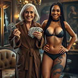 Inside a luxurious Russian mafia salon, a captivating scene features a short, 60-year-old white woman, slightly malnourished, with medium-length blonde hair parted, bright blue eyes, and a wide smile showing her gums