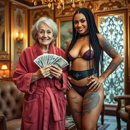 Inside an opulent Russian mafia salon, a striking scene showcases a short, elderly white woman, around 60 years old, slightly malnourished, with medium-length blonde hair parted, bright blue eyes sparkling as she smiles broadly, revealing her gums