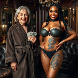 In a lavish Russian mafia-themed salon, there is a 60-year-old white woman of short stature, appearing thin, with medium blonde hair parted, bright blue eyes, and a broad smile revealing her gums