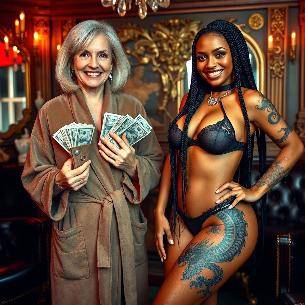 In a luxurious Russian mafia-themed salon, a 60-year-old white woman of small stature appears, thin and with medium-length blonde hair parted, her bright blue eyes sparkling as she smiles broadly, showing her gums