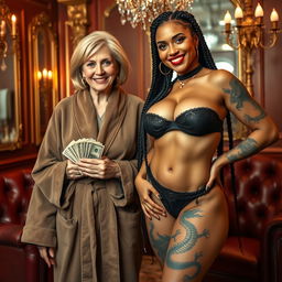 In a luxurious Russian mafia-themed salon, a 60-year-old white woman of small stature appears, thin and with medium-length blonde hair parted, her bright blue eyes sparkling as she smiles broadly, showing her gums