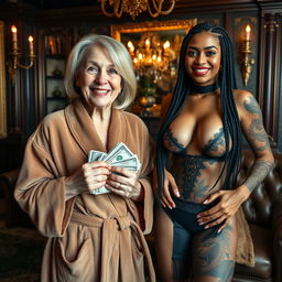 In a lavish Russian mafia-themed salon, a 60-year-old white woman of short stature appears, thin and with medium-length blonde hair parted