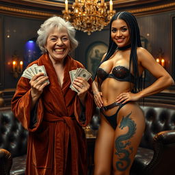 In a lavish Russian mafia lounge, a short, malnourished 60-year-old white woman with medium blonde hair and blue eyes grins widely, showcasing her gums, dressed in an extravagant suede bathrobe while holding piles of dollars