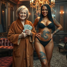 In a luxurious Russian mafia lounge, a short, malnourished 60-year-old white woman with medium blonde hair, blue eyes, and a big smile revealing her gums stands in an extravagant suede bathrobe holding stacks of dollars